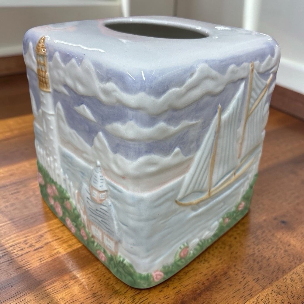 Vintage 1980s Handpainted Ceramic Tissue Box Cover Lighthouse Nautical Cottage